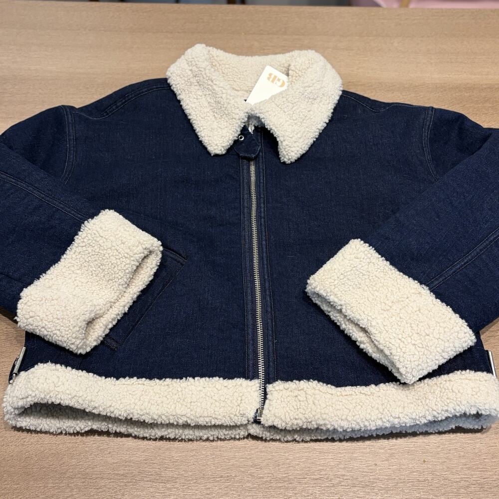 Gianni Bini Women’s Blue/Beige Faux Fur Trim Collared Full Zip Jacket L